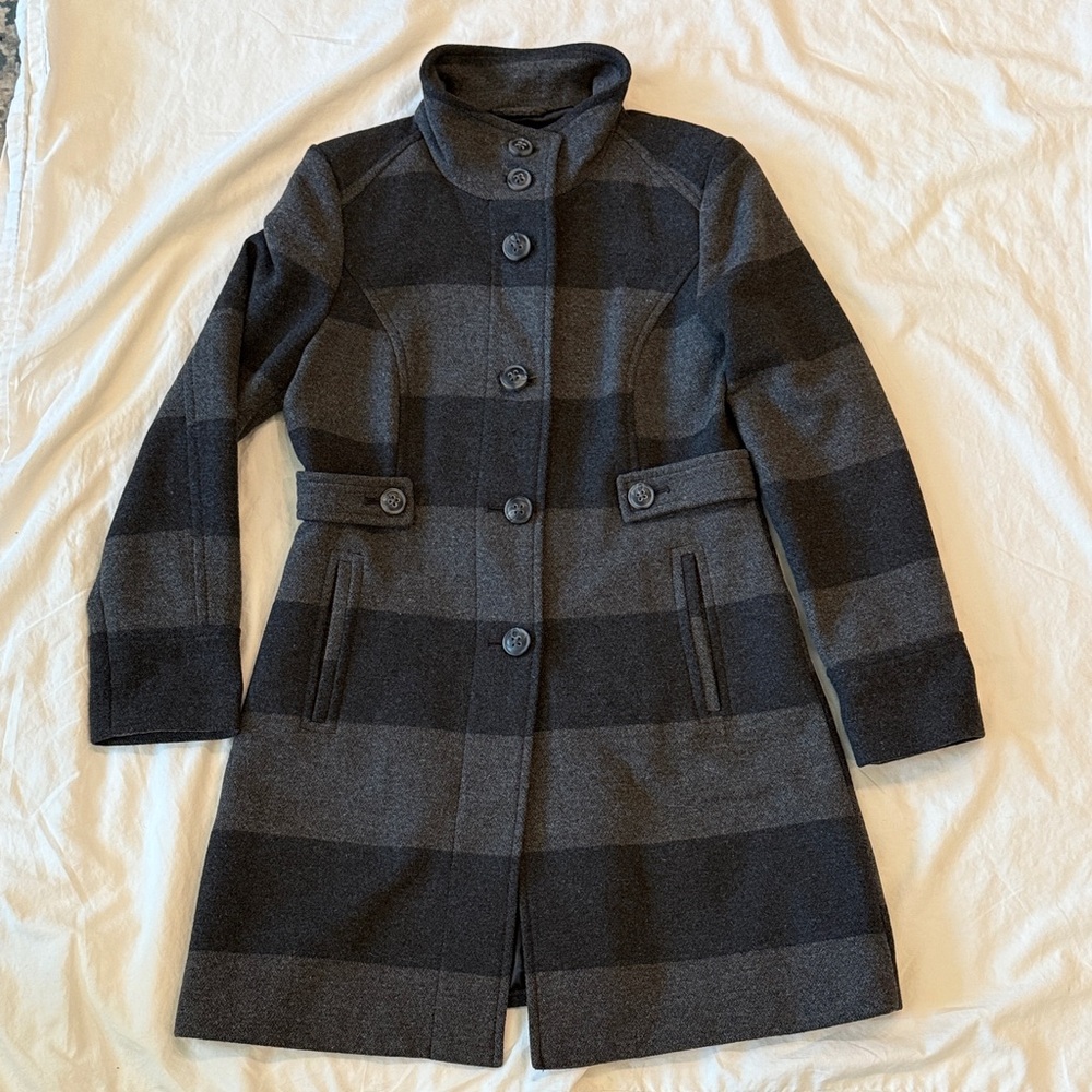 Old Navy Black and Gray Striped Trench Coat